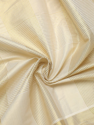 Golden Tissue Set Saree with Ash Kasavu Pallu & Alternating Stripes & Checks