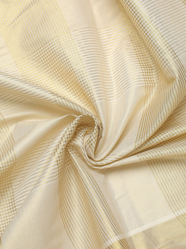 Golden Tissue Set Saree with Ash Kasavu Pallu & Alternating Stripes & Checks