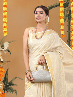 Golden Tissue Set Saree with Brick Red Kasavu Pallu & Alternating Stripes & Checks