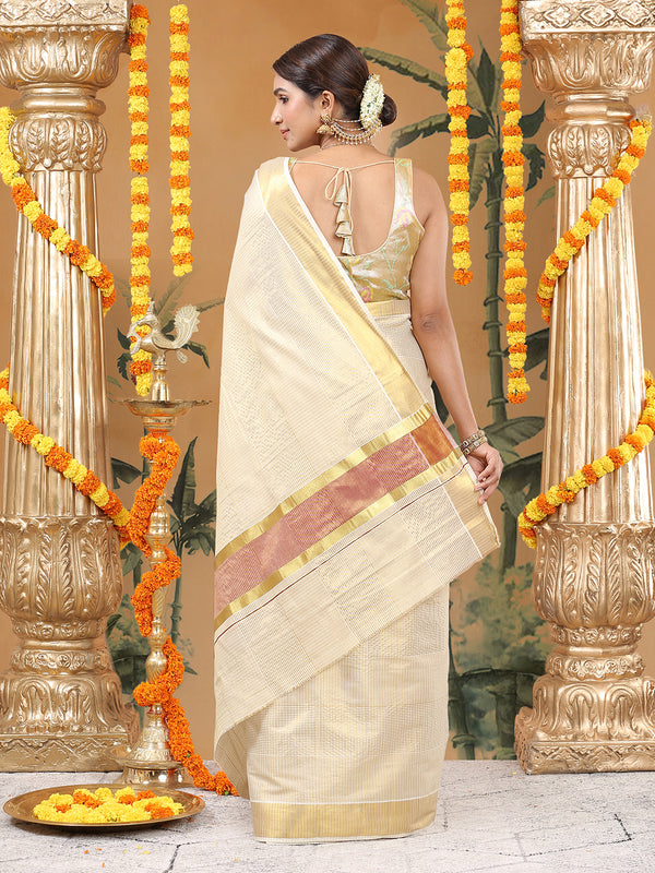 Golden Tissue Set Saree with Brick Red Kasavu Pallu & Alternating Stripes & Checks