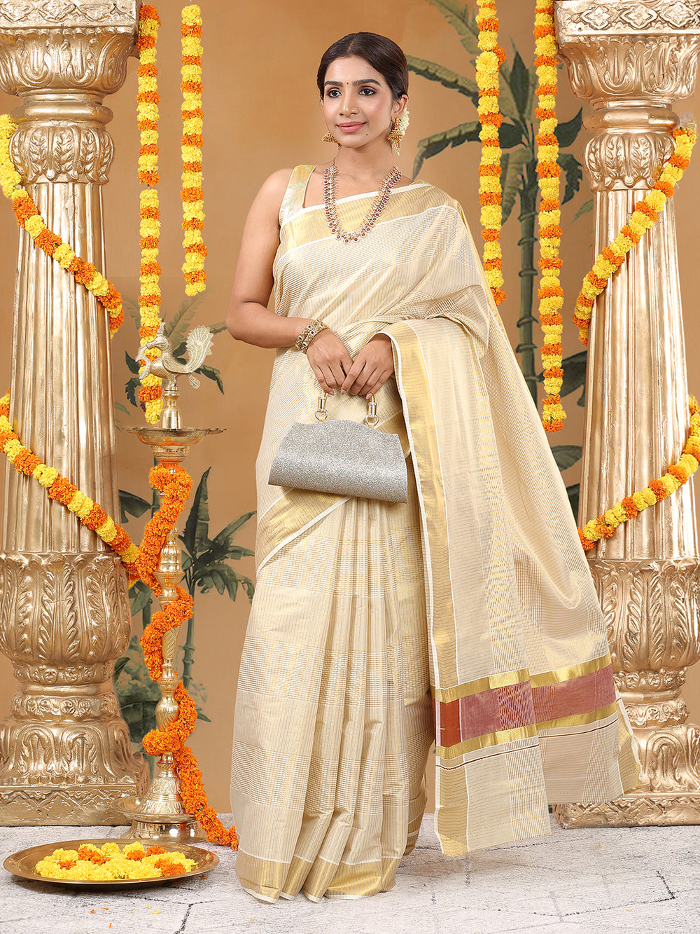 Golden Tissue Set Saree with Brick Red Kasavu Pallu & Alternating Stripes & Checks