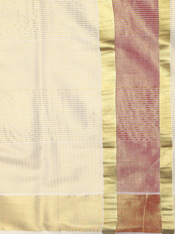 Golden Tissue Set Saree with Brick Red Kasavu Pallu & Alternating Stripes & Checks