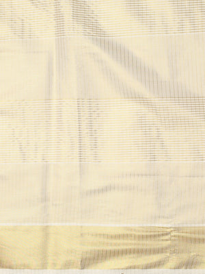 Golden Tissue Set Saree with Brick Red Kasavu Pallu & Alternating Stripes & Checks