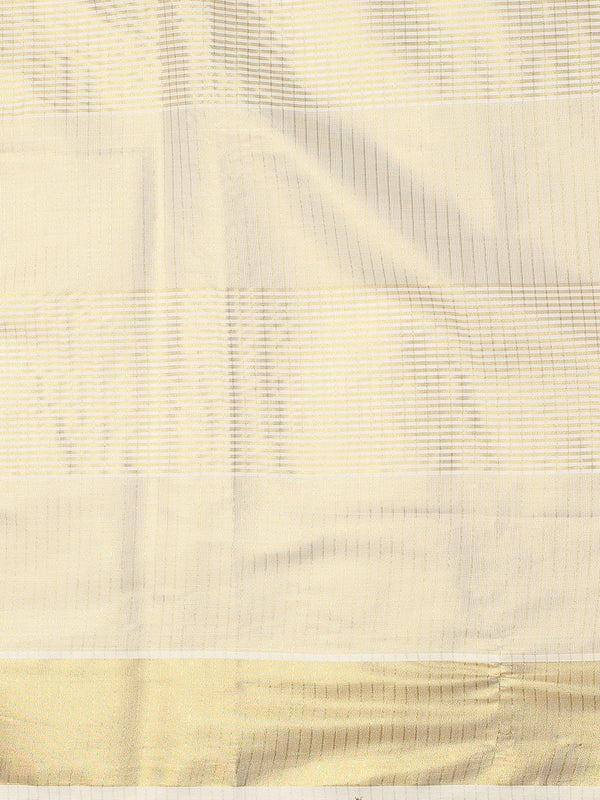 Golden Tissue Set Saree with Brick Red Kasavu Pallu & Alternating Stripes & Checks