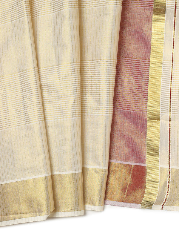 Golden Tissue Set Saree with Brick Red Kasavu Pallu & Alternating Stripes & Checks