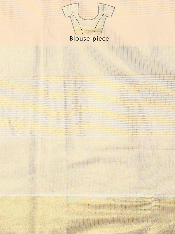 Golden Tissue Set Saree with Brick Red Kasavu Pallu & Alternating Stripes & Checks