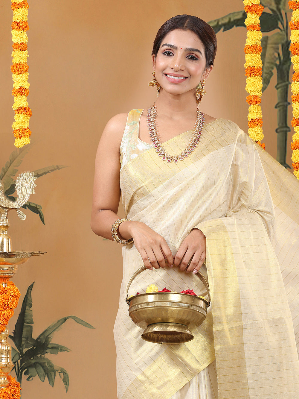 Golden Tissue Saree with Navy-Golden Accents and Woven Stripe Design