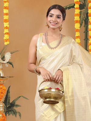 Golden Tissue Saree with Navy-Golden Accents and Woven Stripe Design