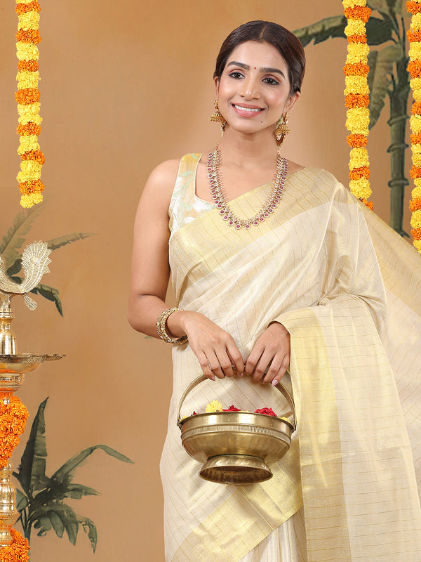 Golden Tissue Saree with Navy-Golden Accents and Woven Stripe Design