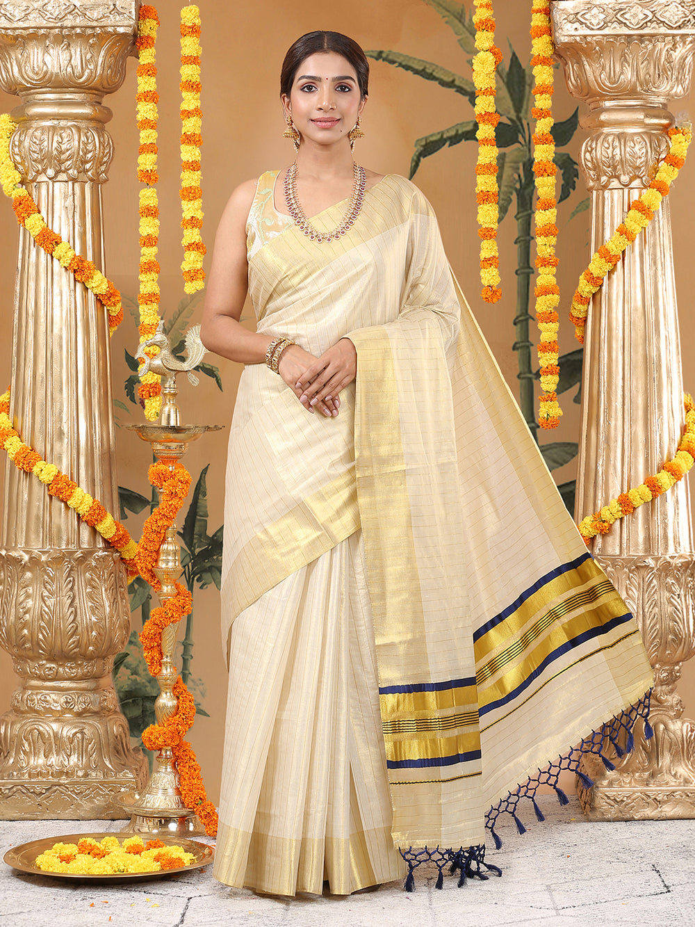 Golden Tissue Saree with Navy-Golden Accents and Woven Stripe Design