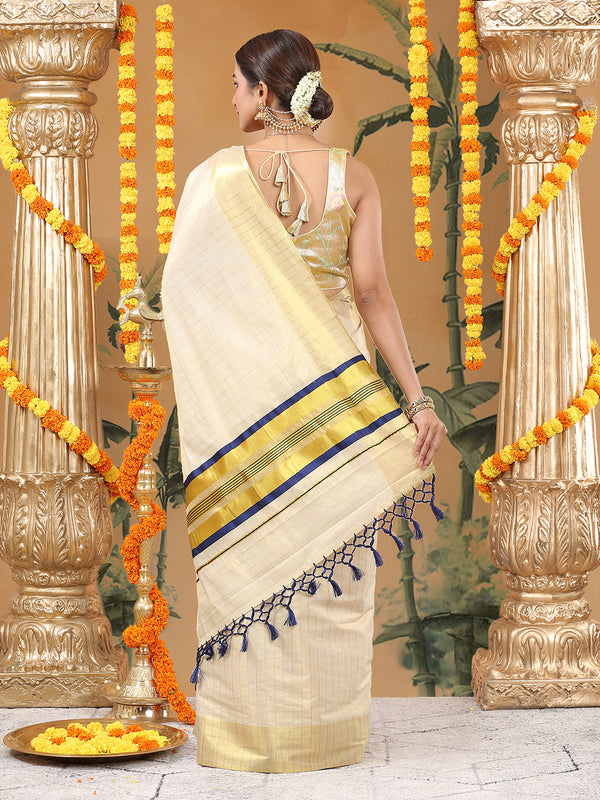 Golden Tissue Saree with Navy-Golden Accents and Woven Stripe Design
