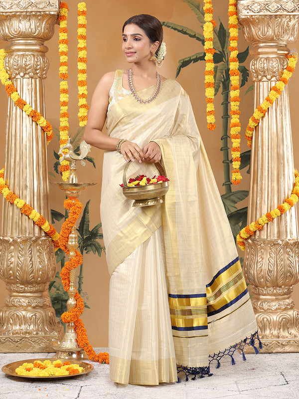 Golden Tissue Saree with Navy-Golden Accents and Woven Stripe Design