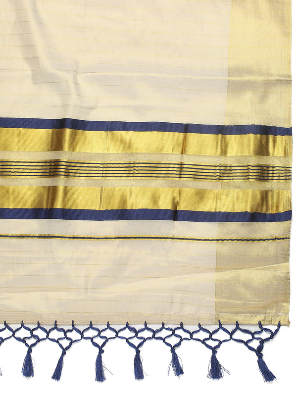 Golden Tissue Saree with Navy-Golden Accents and Woven Stripe Design