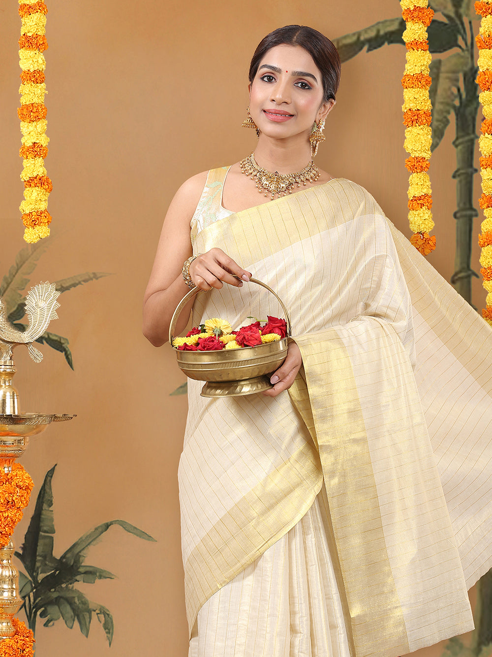 Golden Tissue Set Saree with Brown-Golden Accents and Woven Stripe Design