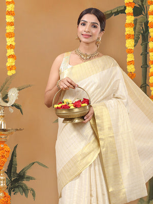 Golden Tissue Set Saree with Brown-Golden Accents and Woven Stripe Design