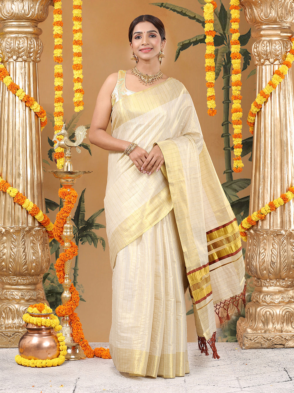Golden Tissue Set Saree with Brown-Golden Accents and Woven Stripe Design