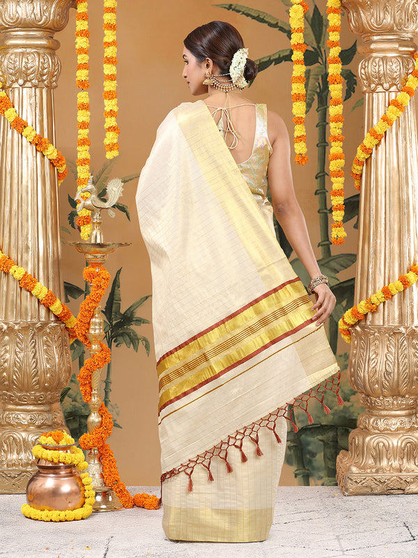 Golden Tissue Set Saree with Brown-Golden Accents and Woven Stripe Design