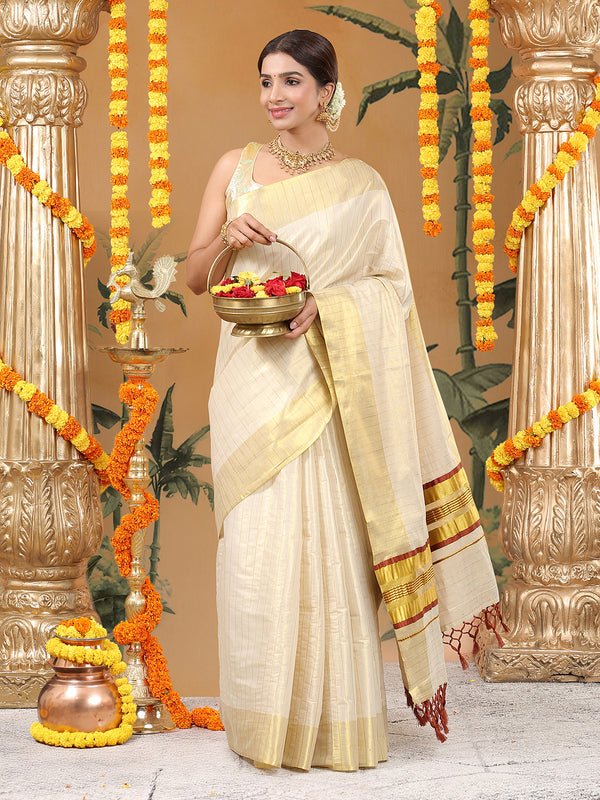 Golden Tissue Set Saree with Brown-Golden Accents and Woven Stripe Design