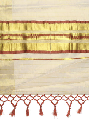 Golden Tissue Set Saree with Brown-Golden Accents and Woven Stripe Design