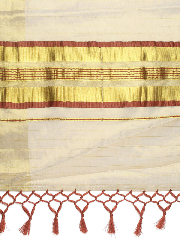 Golden Tissue Set Saree with Brown-Golden Accents and Woven Stripe Design