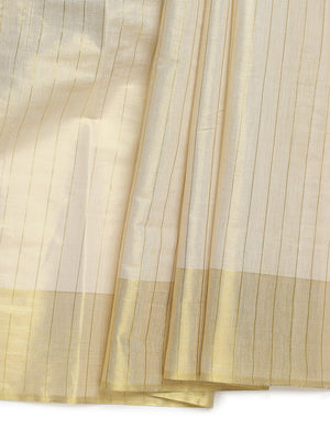 Golden Tissue Set Saree with Brown-Golden Accents and Woven Stripe Design