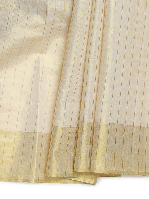 Golden Tissue Set Saree with Brown-Golden Accents and Woven Stripe Design