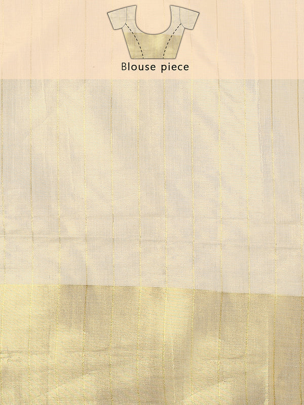 Golden Tissue Set Saree with Brown-Golden Accents and Woven Stripe Design
