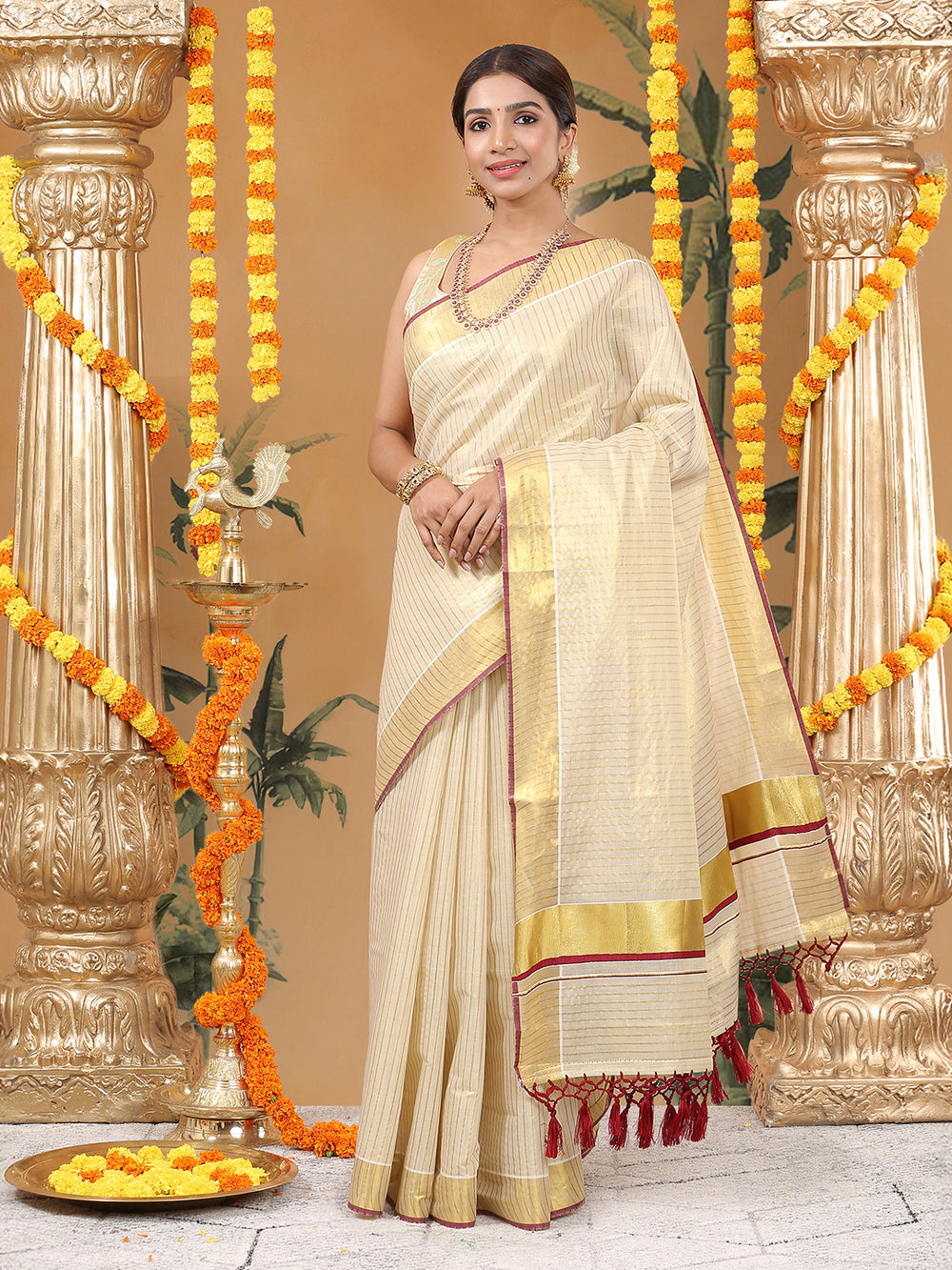 Golden Tissue Set Saree with Vertical Stripes, Golden Kasavu With Red Border & Red Tassels