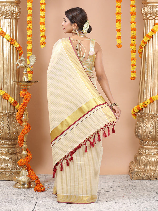 Golden Tissue Set Saree with Vertical Stripes, Golden Kasavu With Red Border & Red Tassels