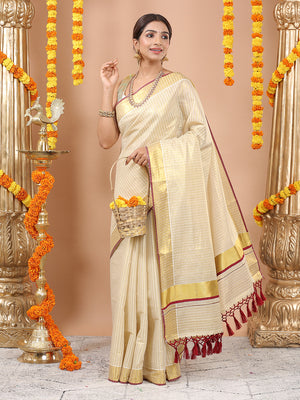 Golden Tissue Set Saree with Vertical Stripes, Golden Kasavu With Red Border & Red Tassels
