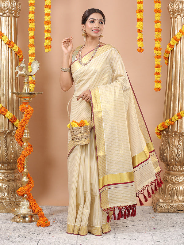 Golden Tissue Set Saree with Vertical Stripes, Golden Kasavu With Red Border & Red Tassels