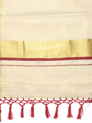 Golden Tissue Set Saree with Vertical Stripes, Golden Kasavu With Red Border & Red Tassels