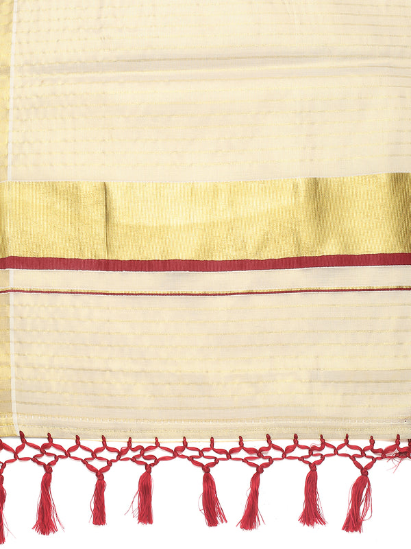 Golden Tissue Set Saree with Vertical Stripes, Golden Kasavu With Red Border & Red Tassels