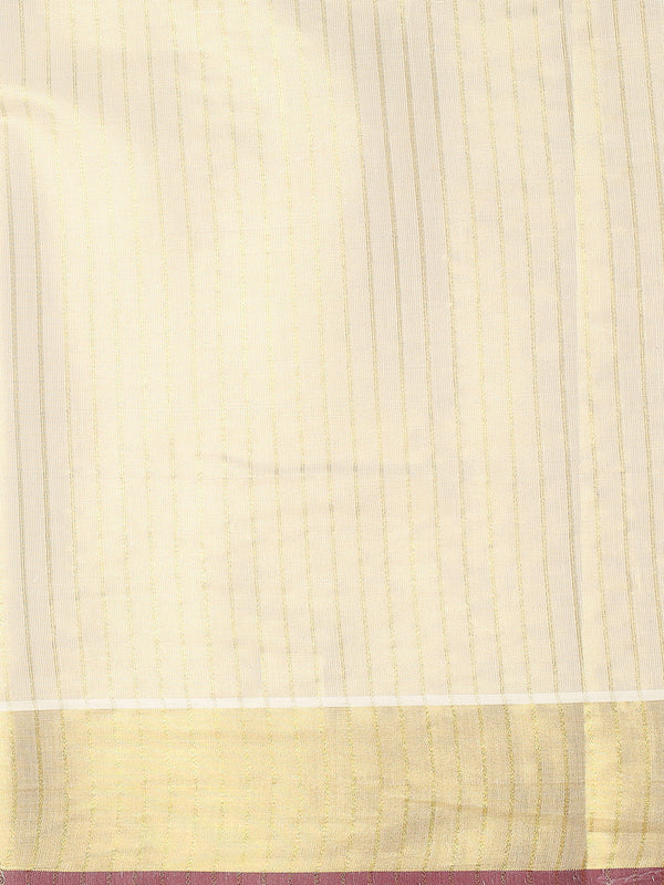 Golden Tissue Set Saree with Vertical Stripes, Golden Kasavu With Red Border & Red Tassels