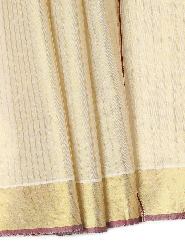 Golden Tissue Set Saree with Vertical Stripes, Golden Kasavu With Red Border & Red Tassels