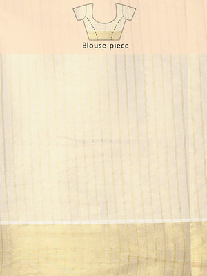 Golden Tissue Set Saree with Vertical Stripes, Golden Kasavu With Red Border & Red Tassels
