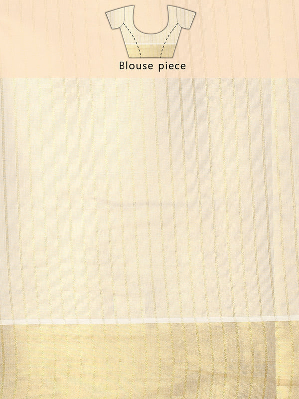 Golden Tissue Set Saree with Vertical Stripes, Golden Kasavu With Red Border & Red Tassels