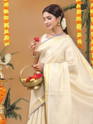 Golden Tissue Saree with Vertical Stripes & Navy Blue Accents & Tassels