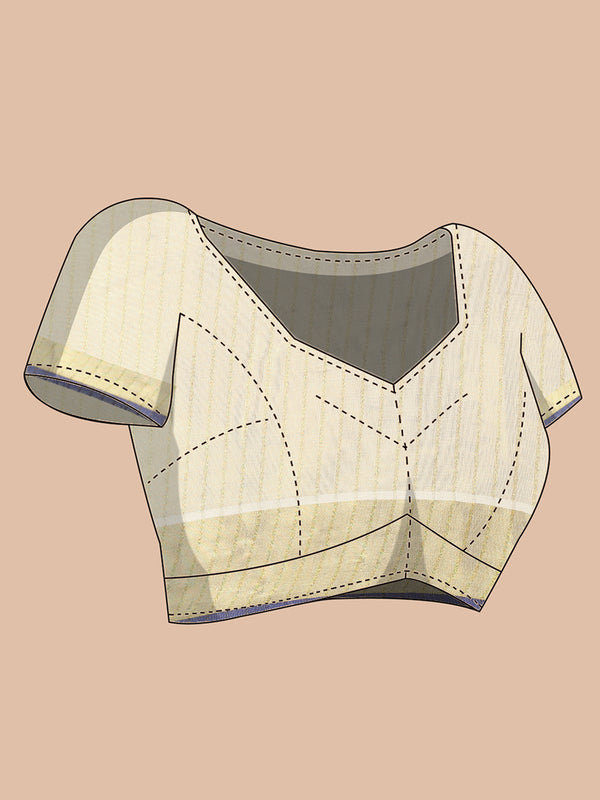 Golden Tissue Saree with Vertical Stripes & Navy Blue Accents & Tassels