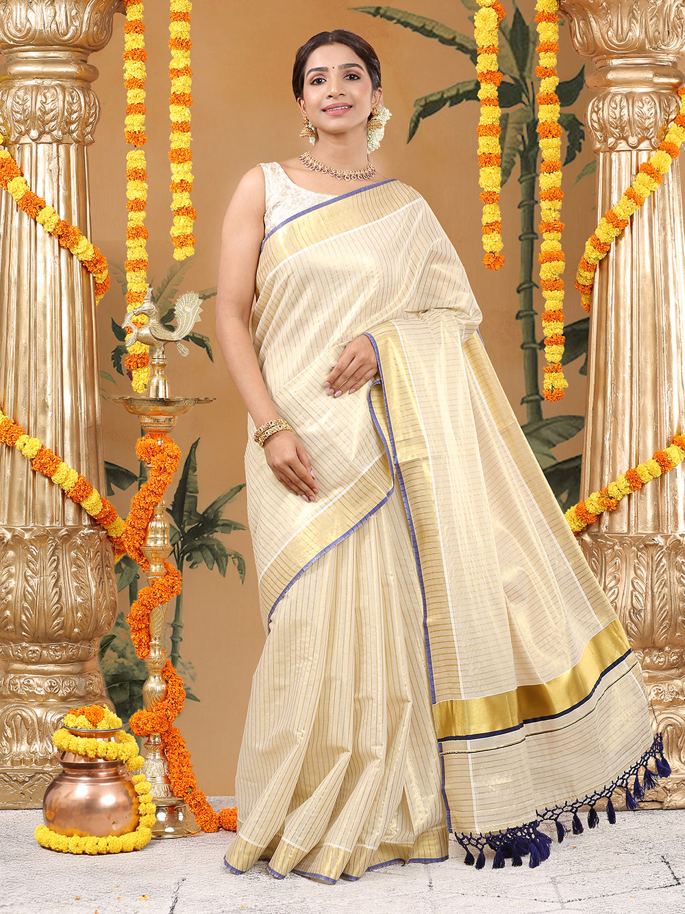 Golden Tissue Saree with Vertical Stripes & Navy Blue Accents & Tassels