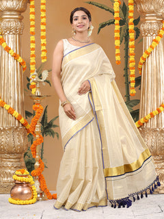 Golden Tissue Saree with Vertical Stripes & Navy Blue Accents & Tassels