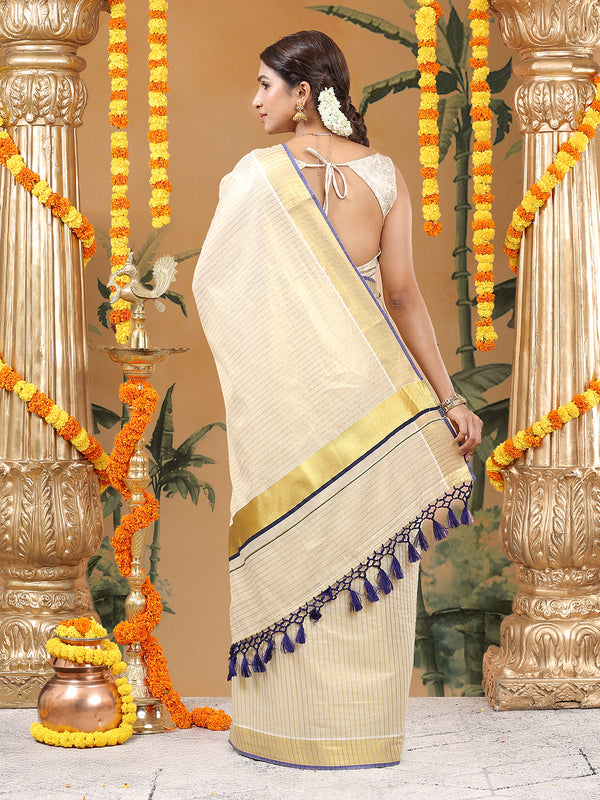 Golden Tissue Saree with Vertical Stripes & Navy Blue Accents & Tassels