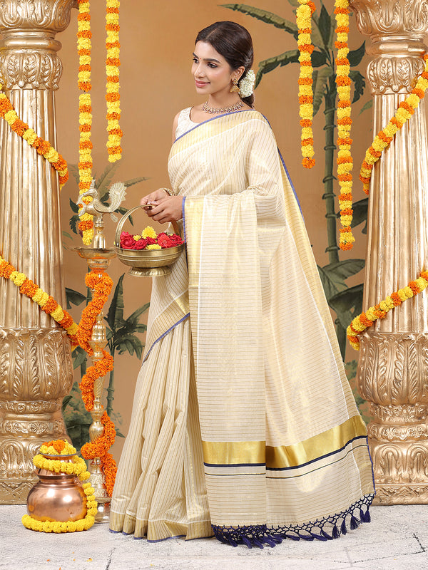 Golden Tissue Saree with Vertical Stripes & Navy Blue Accents & Tassels