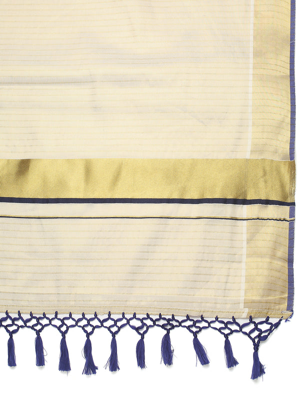 Golden Tissue Saree with Vertical Stripes & Navy Blue Accents & Tassels