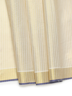 Golden Tissue Saree with Vertical Stripes & Navy Blue Accents & Tassels