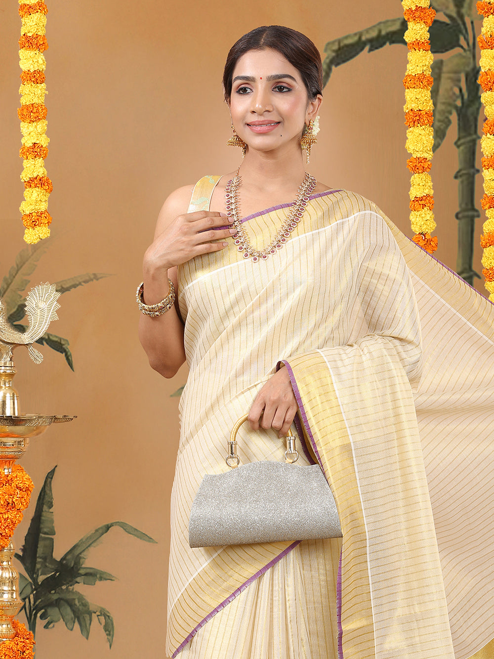 Golden Tissue Set Saree with Vertical Stripes, Golden Kasavu With Purple Border & Tassels