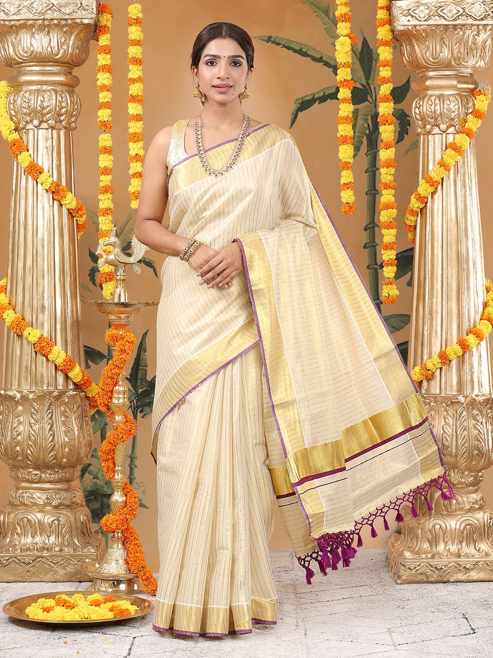 Golden Tissue Set Saree with Vertical Stripes, Golden Kasavu With Purple Border & Tassels