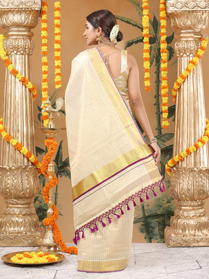 Golden Tissue Set Saree with Vertical Stripes, Golden Kasavu With Purple Border & Tassels