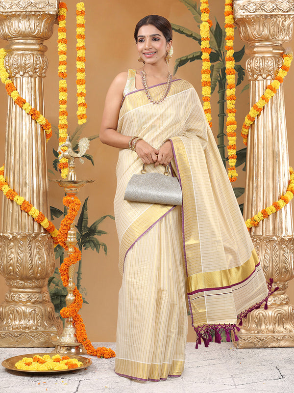 Golden Tissue Set Saree with Vertical Stripes, Golden Kasavu With Purple Border & Tassels