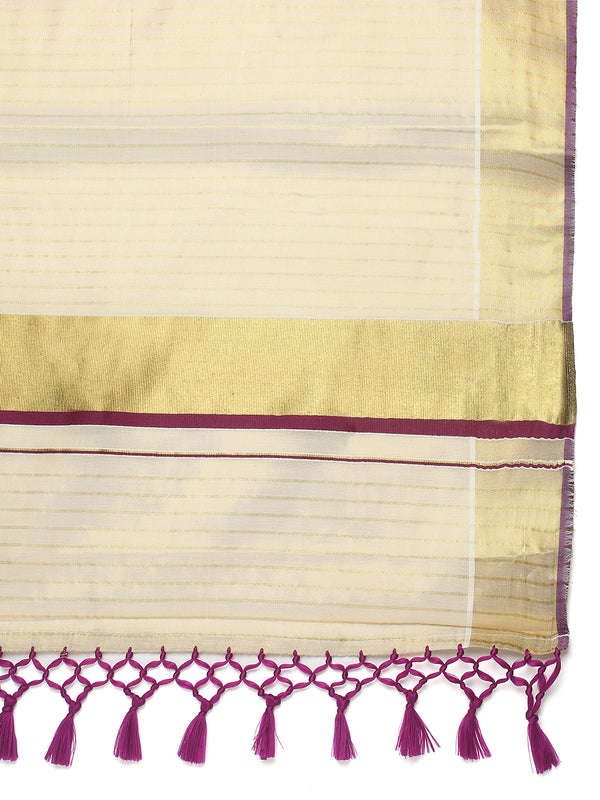 Golden Tissue Set Saree with Vertical Stripes, Golden Kasavu With Purple Border & Tassels